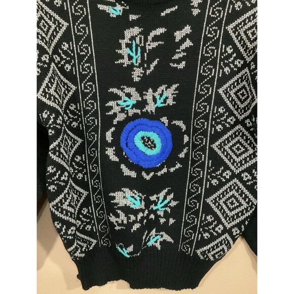 VTG Womens Sparkly Geometric Print Sweater M Black Silver Embroidered 80s 90s - Picture 2 of 7